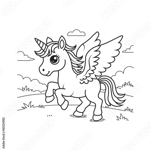  adorable winged unicorn with horn in whimsical landscape, black and white fantasy illustration for kids coloring books on white background