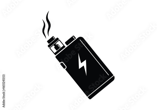 Vector illustration of black silhouette of an electronic cigarette vaporizer device with a lightning bolt symbol, emitting vapor, isolated on a white background