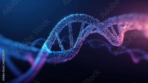 Scientific concept abstract DNA helix structure, glowing blue purple molecular model for molecular biology research and education on dark gradient background