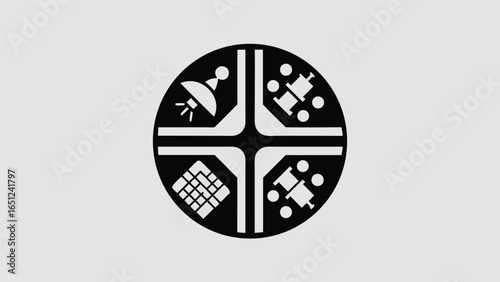 Abstract Black and White Illustration of Four Icon Sets Around a Plus Sign in a Circle.                                                               