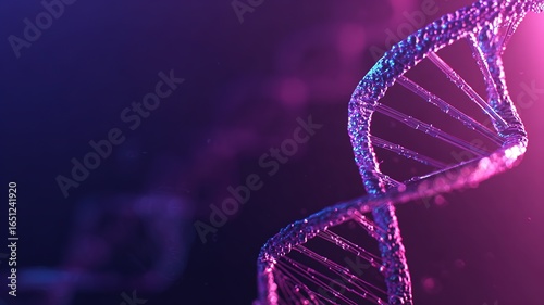 Modern scientific abstract DNA helix structure, glowing blue purple molecular model for molecular biology research and education visualization