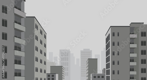 
Monochromatic flat vector illustration of an urban cityscape with modern residential buildings, city background
