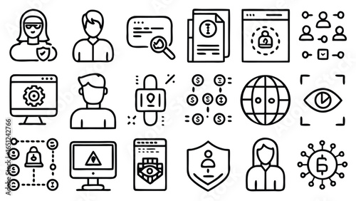 Outline Style Icon Set Representing Data Security and Privacy, Network Security, and Cybersecurity Measures in a Minimalist Style                     