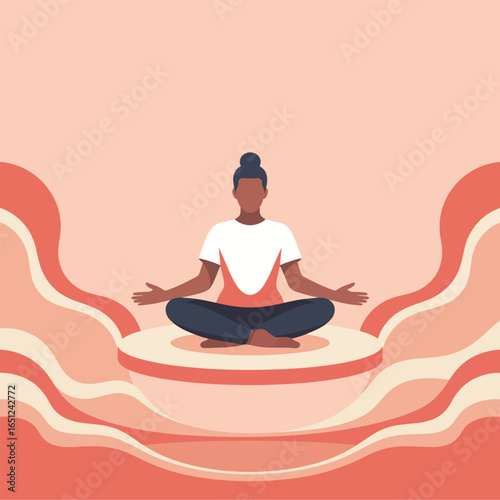 A serene flat vector illustration of a woman meditating in the lotus position, symbolizing peace and mindfulness.
