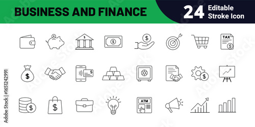 Business and Finance editable icon set. Outline thin icons with editable stroke collection of wallet, piggy bank, bank, money, tax, shopping, investment, growth. Editable stroke, vector illustration.