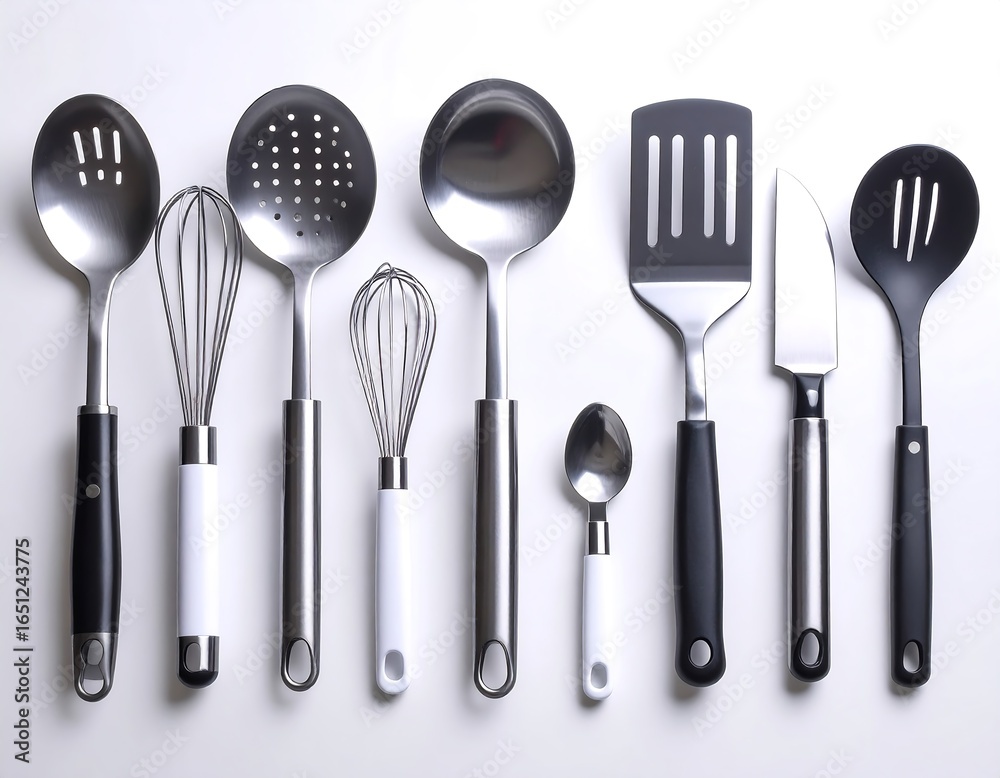 Stainless Steel Kitchen Utensils Arranged on White Surface. Stainless Steel Kitchen Utensils Arranged on White Surface.