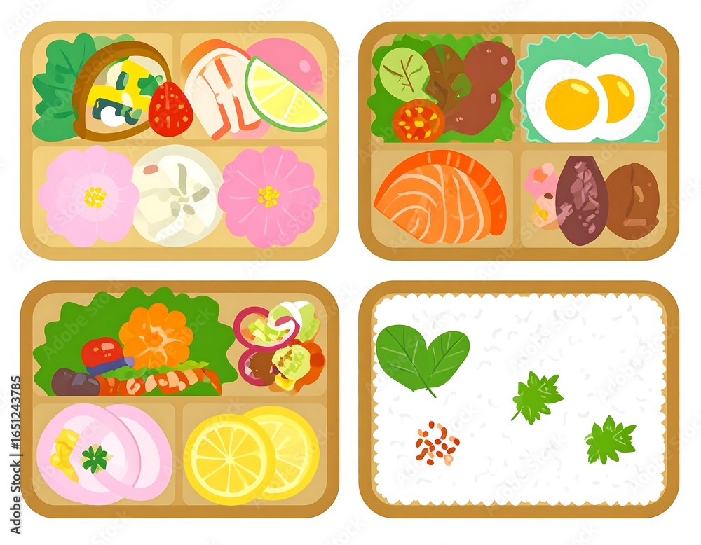 Fototapeta premium Four colorful bento boxes with various food selections