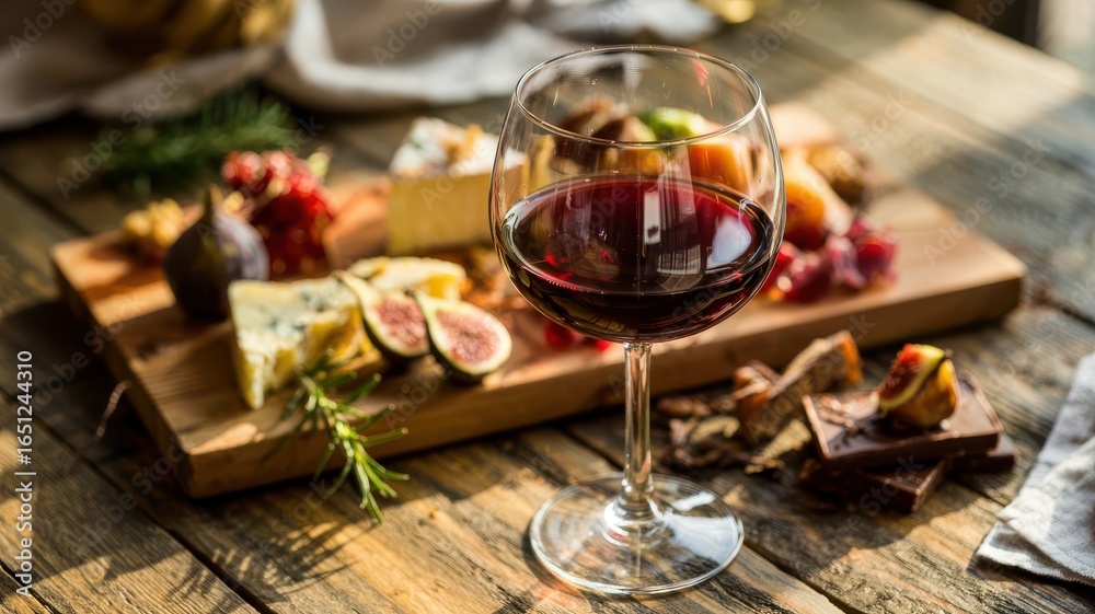Wine glass filled with rich red wine on rustic wooden table alongside gourmet charcuterie board featuring aged cheeses, fresh figs and herbs in warm natural lighting Wine glass filled with rich red wine on rustic wooden table alongside gourmet charcuterie board featuring aged cheeses, fresh figs and herbs in warm natural lighting