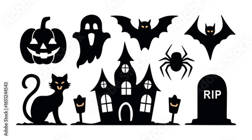 spooky halloween silhouettes featuring haunted house, smiling pumpkin, ghost, bats, spider, black cat, gravestone and lanterns for festive design