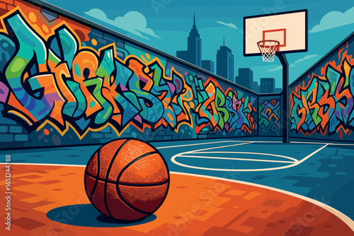 Urban basketball scene vector featuring graffiti, court, and cityscape vibes