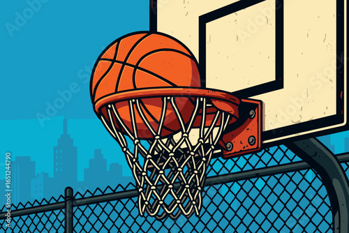 Urban basketball swish vector: dynamic city hoop action, street game, sport art, urban scene