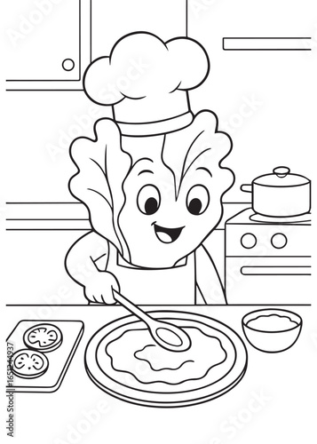 coloring book lettuce cooking pizza in the kitchen.