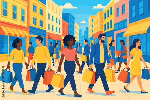 Vibrant city shopping scene: urban retail, colorful street market, busy downtown, shopping bags