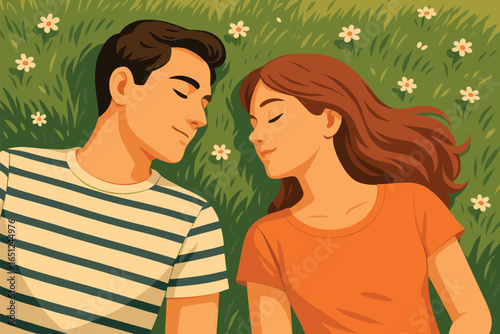 Peaceful meadow scene: tranquil nature, romantic couple in a serene outdoor setting vector