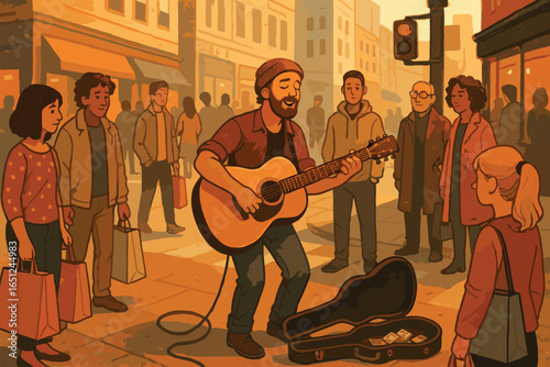 Urban street musician playing guitar in bustling cityscape scene - vector art illustration