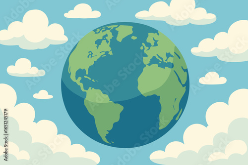 Whimsical earth illustration: globe surrounded by soft clouds in tranquil sky art vector