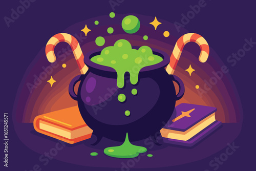 Magical cauldron vector: enchanting potion, halloween, spooky books, and candy canes