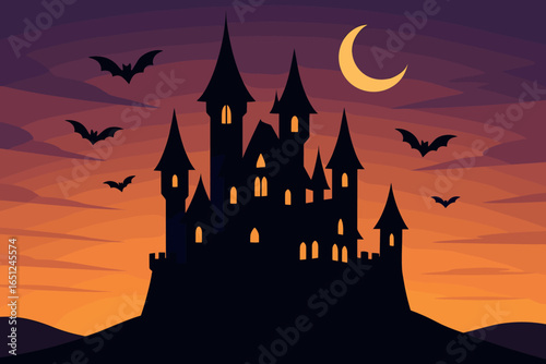 Spooky castle silhouette vector: haunting gothic architecture with bats and crescent moon