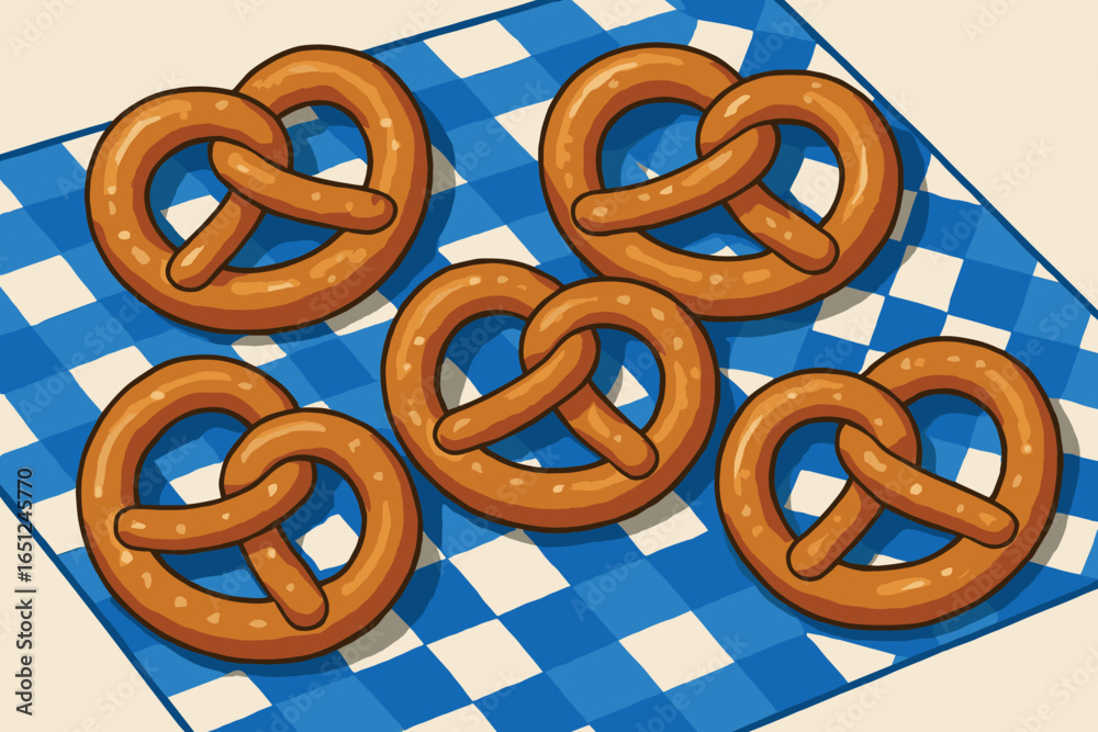 Fototapeta premium Bavarian picnic pretzel delight vector | authentic oktoberfest snack on checkered cloth