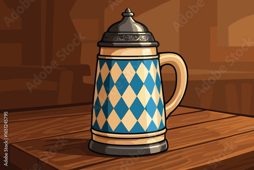 Bavarian beer mug vector design in authentic vintage style with checkered blue patterns