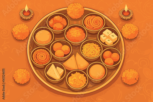 Festive indian thali | traditional indian meal with sweets and snacks in decorative setting