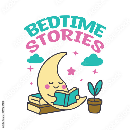 Book Lover Kids T-Shirt Design, Cute moon reading a book for bedtime stories, Vector illustration.
