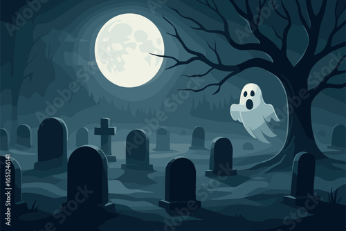 Spooky graveyard - haunted cemetery scene with ghostly atmosphere, moonlit night