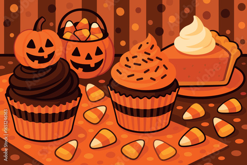Halloween treats display: spooky sweets, candy corn, jack-o'-lantern cupcakes, pumpkin pie