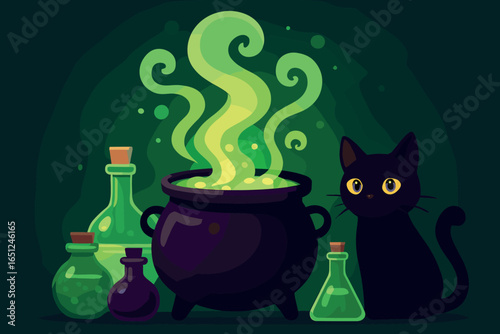 Magical cauldron scene vector with potions, black cat, and enchanting green vapors