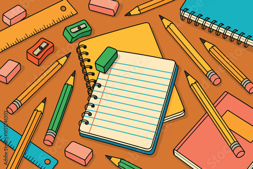 Colorful school supplies vector: vibrant pencils, notebooks, and erasers for creative education
