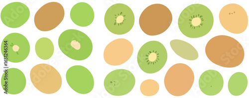 A collection of stylized kiwi fruit, whole and sliced, scattered across a white background.
