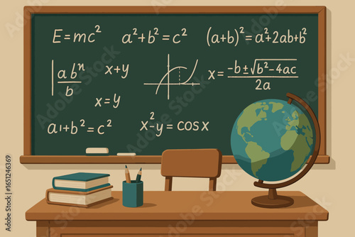 Classroom environment vector with blackboard, math equations, and globe for educational use