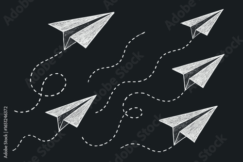 Airplane vector art: simple chalk-drawn flying paper planes on blackboard background