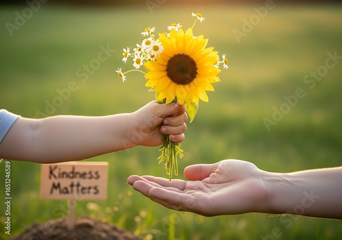 International day of charity a childs hand offers a vibrant sunflower to an outstretched adult hand, with a sign that says kindness matters in the background, symbolizing generosity and care