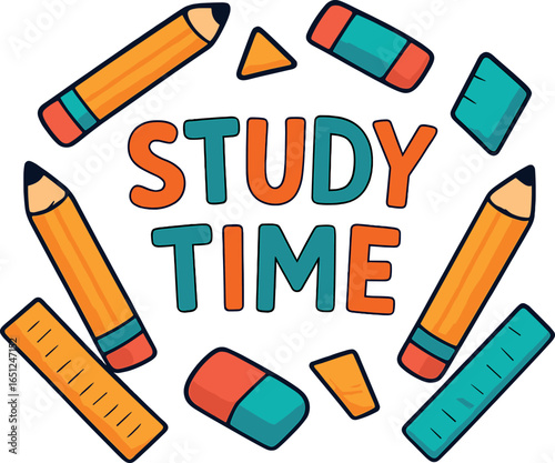 Study time supplies vector | educational stationery: pencils, erasers, rulers for learning