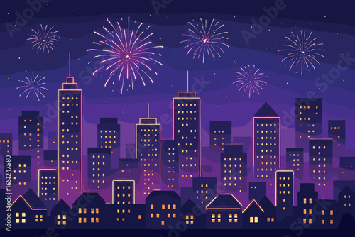 Festive city skyline at night with fireworks | vibrant urban celebration | nighttime cityscape vector