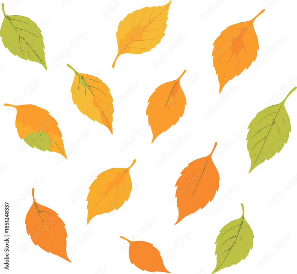Obraz premium Autumn leaves vector: falling foliage with orange, yellow, and green leaf gradient design