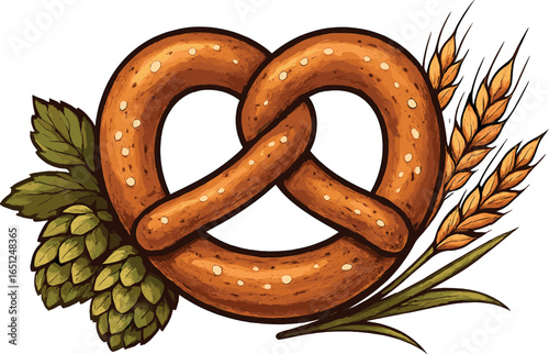 Bavarian pretzel delight vector: authentic rustic bread, wheat, and hops design elements