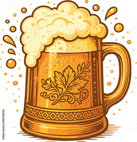 Oktoberfest beer mug vector: overflowing ale with foam and leaf pattern design