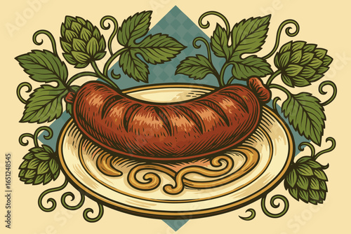 Rustic sausage artwork | traditional bratwurst with leaves and ornamented plate vector design