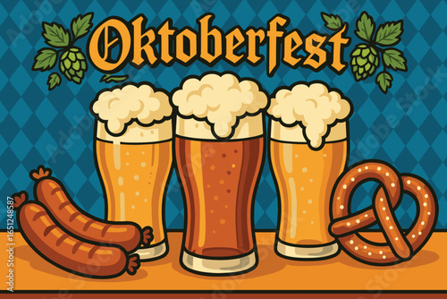 Oktoberfest celebration vector: festive beer, sausages, pretzels, and bavarian design elements