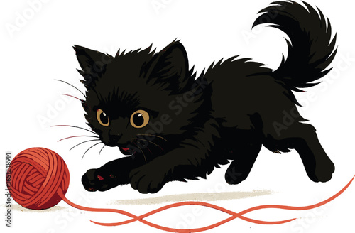 Playful kitten vector: cute black cat chasing yarn, adorable pet playtime illustration