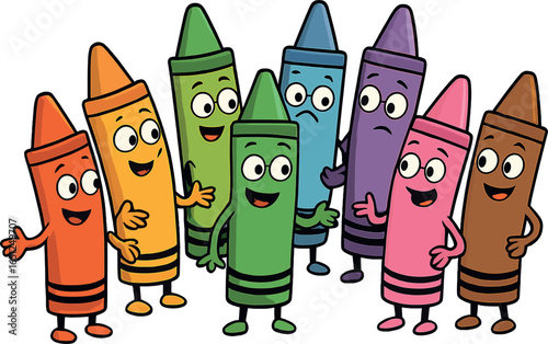 Colorful crayons clipart: vibrant wax fun, cartoon characters for kids' creative artwork