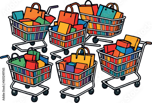 Shopping carts vector: vibrant art of retail and consumerism in colorful cart design