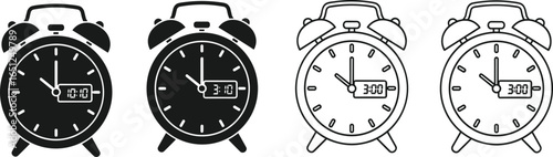 PrintSet of Vintage Alarm Clock Icons with Digital Time Display in Black and White Style for Time Management and Design Concepts