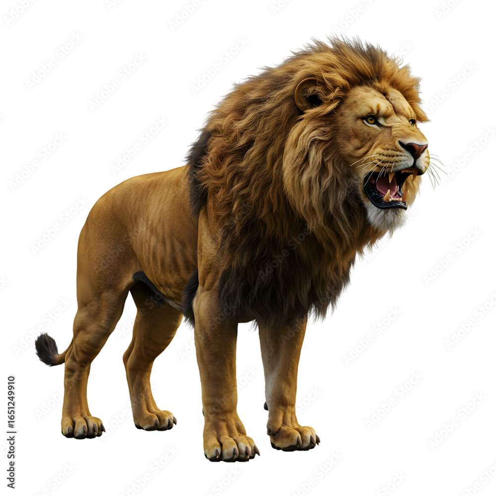 Obraz premium Majestic Lion Roaring with Open Mouth and Visible Teeth, Powerful Predator in Full View - Isolated on Isolated Background