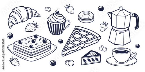 Hand drawn assortment of sweet treats and coffee with pizza and berries croissant cupcake