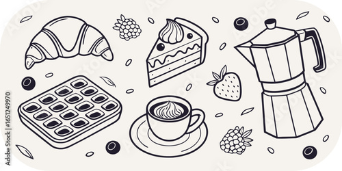Hand drawn breakfast and coffee items with croissant and waffles saucer
