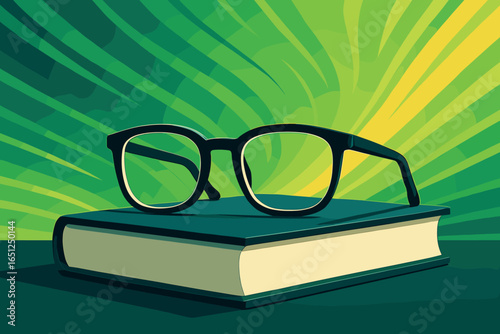 Eyeglasses on open book | vision & reading concept, stylish spectacles in focus | vector art