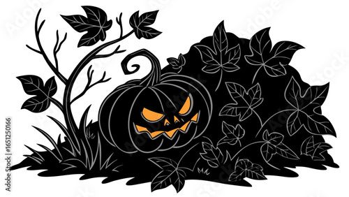 Spooky Jack-o'-lantern with Vines and Leaves on a Dark Background for Halloween Celebrations and Festive Designs on transparent background